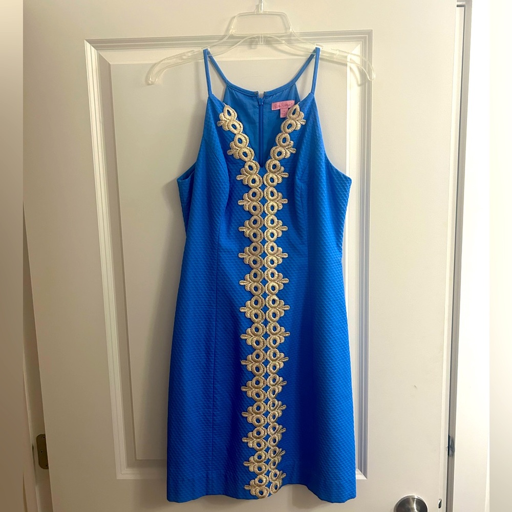 Lilly Pulitzer Pearl Sheath Lapis Blue Gold Lace Pique V Neck Dress Size 4